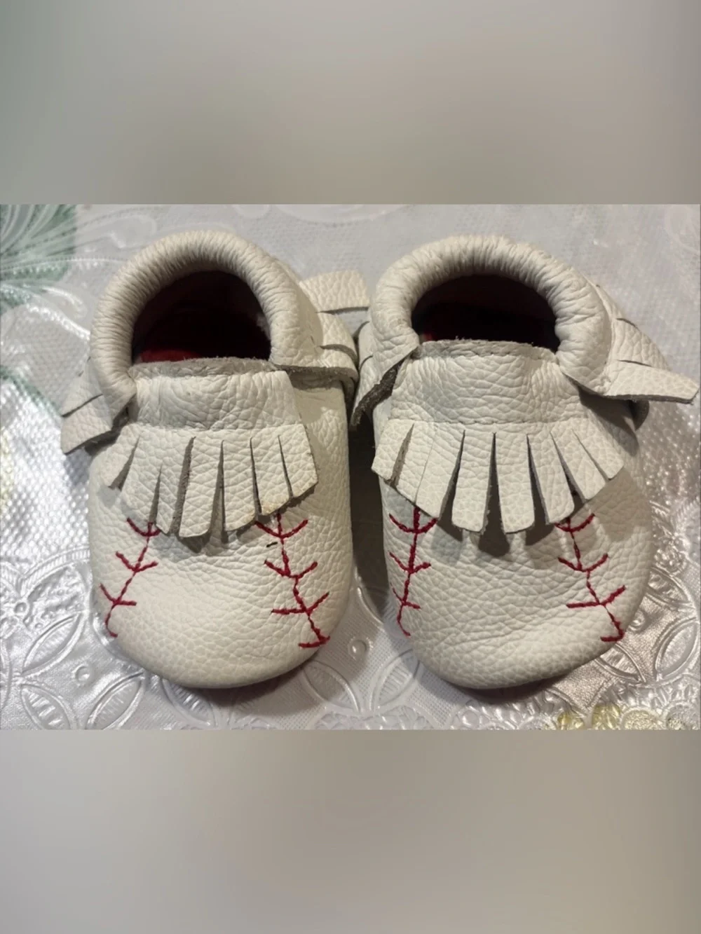 Bird Rock Baby White Leather Moccasin  Baseball Home Run Stitch Fringe Sz 3